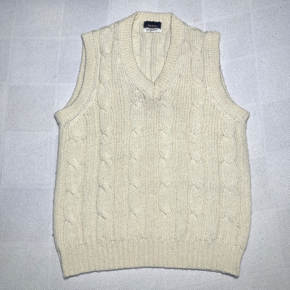 Vintage Mark Shale Sweater Vest Mens Small Cable Knit 100% Shetland Wool Cream